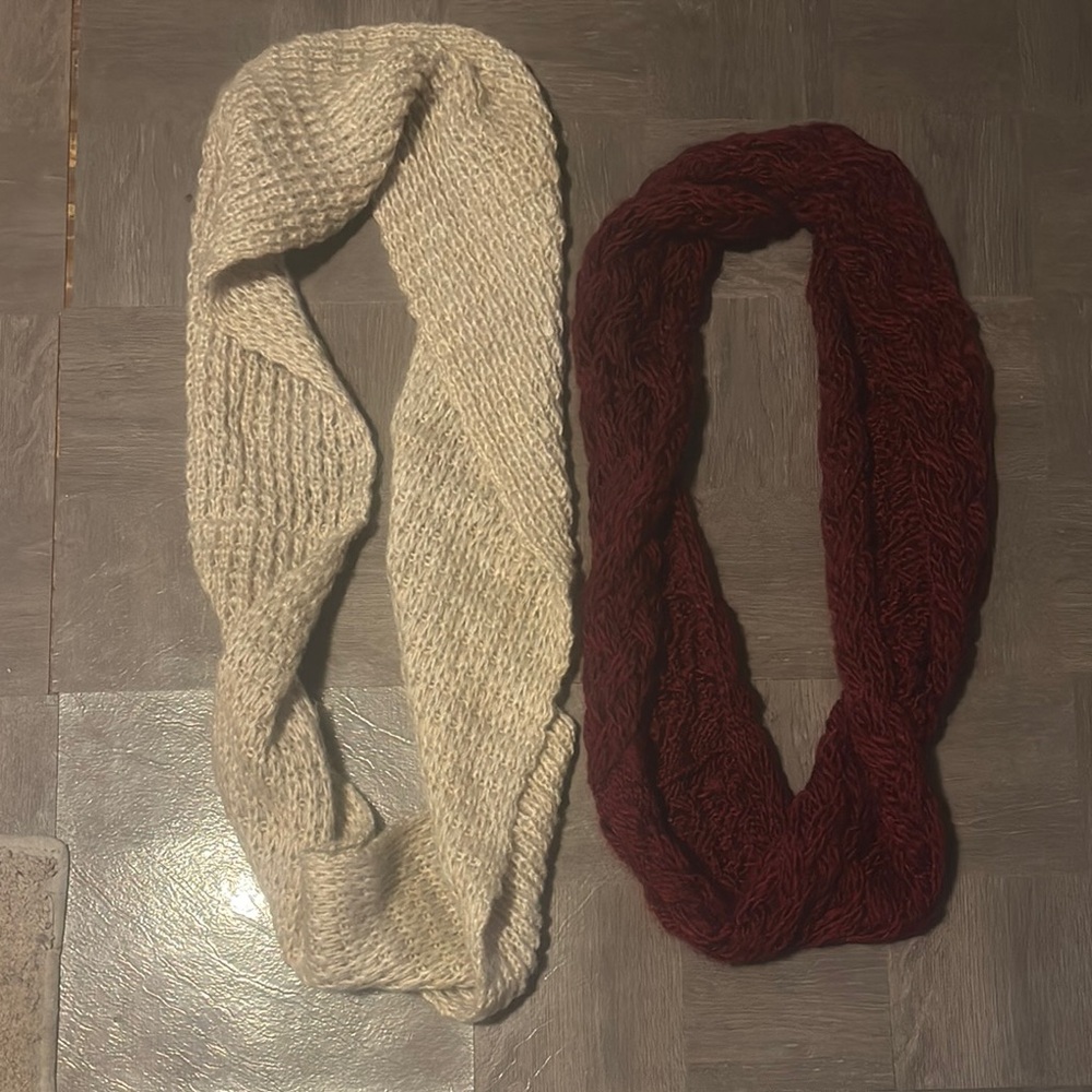 Cozy Cream and Red Knit Infinity Scarves